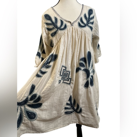 Boho Cream and Blue Embroidered Mini Dress - Picture 2 of 5